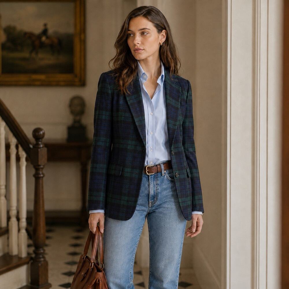 Vtg Lauren Ralph Lauren Womens BlackWatch Plaid Blazer 8 Wool Cashmere Old Money